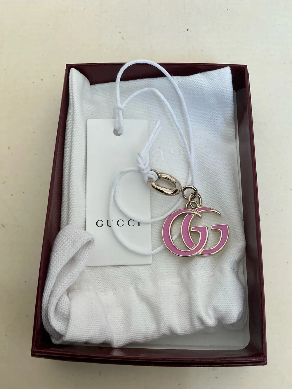NEW IN BOX GUCCI PINK ENAMEL DOUBLE G LOGO BAG CHARM